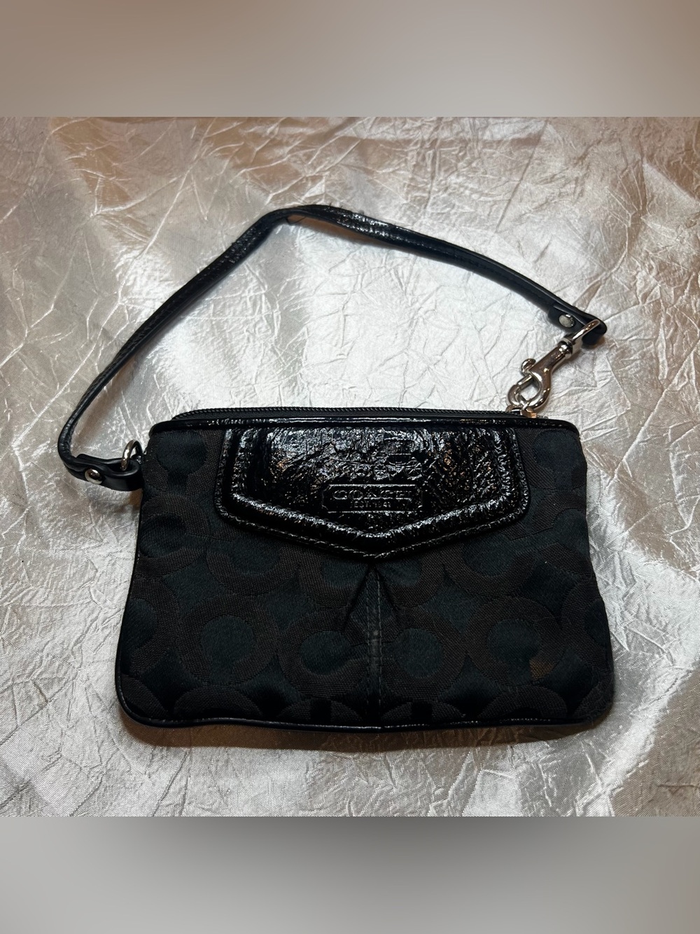 Vintage Coach Black Signature Monogram Canvas Leather Trim Wristlet Purse